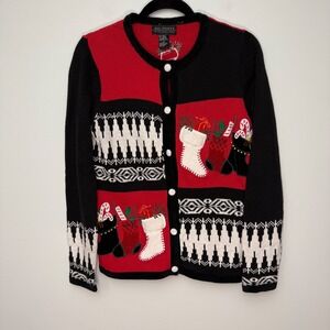 All Points Vinatge Christmas Cardigan Sweater Red Black Stockings Holiday Womens